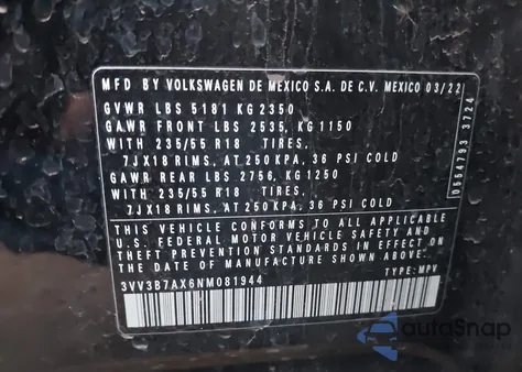 2022 Volkswagen Tiguan 2.0T Se from USA, damaged, VIN 3VV3B7AX6NM081944